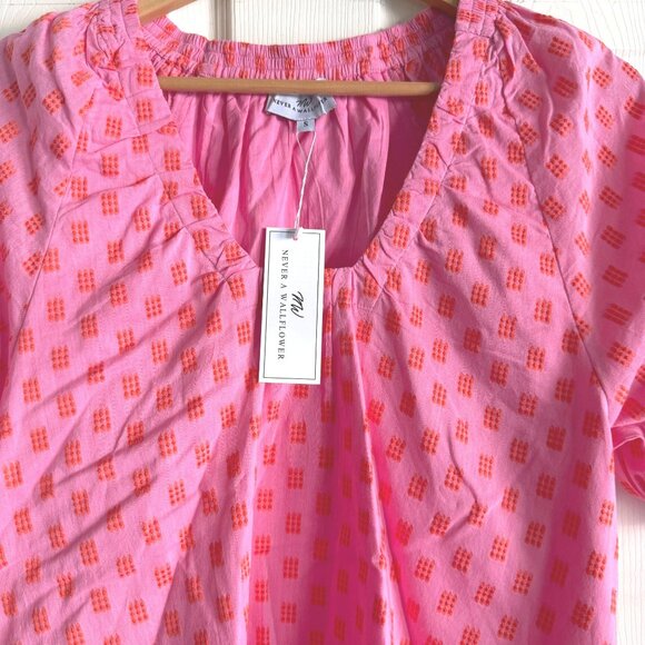 NWT size S‎ Never A Wallflower pink 9 dot punch marakesh blouse top short slv - Picture 4 of 11